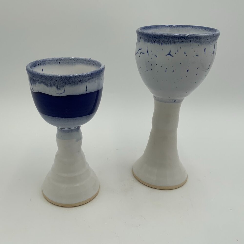 2 Sgnd Amy L Pottery Goblets Glazed Wine Chalices Blue & White - Picture 5 of 9